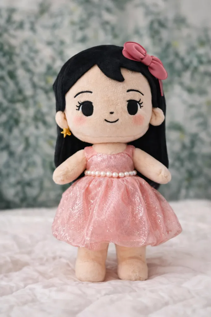 Plush Jisoo doll in pink dress.webp