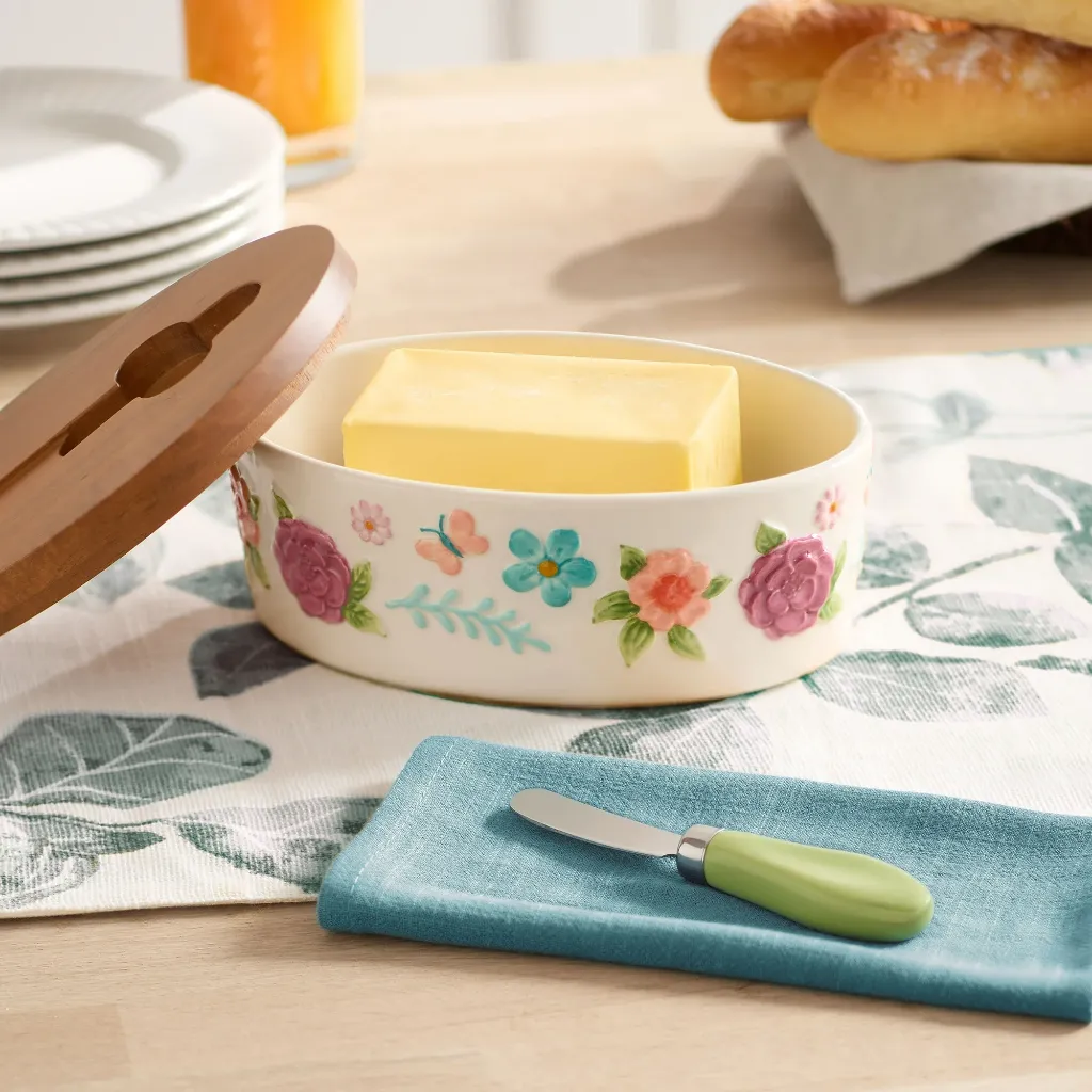 The Pioneer Woman Painted Meadow Butter Dish with Acacia Wood Lid and Serving Knife 2.webp