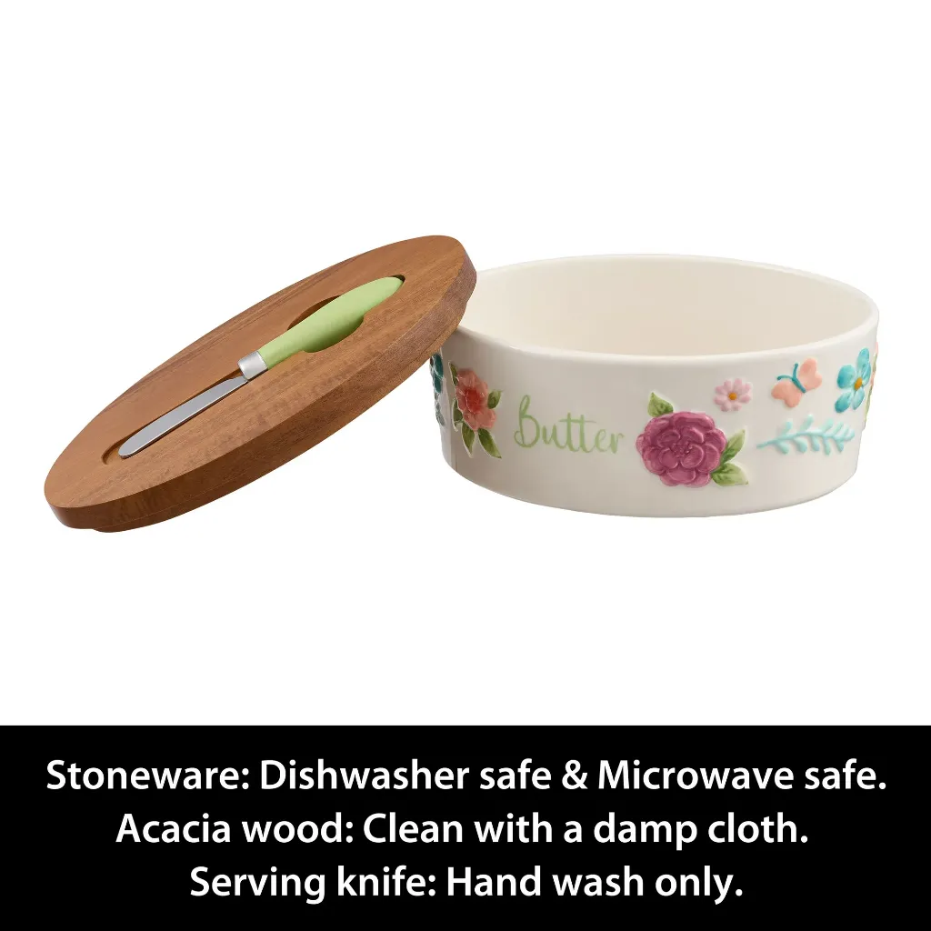 The Pioneer Woman Painted Meadow Butter Dish with Acacia Wood Lid and Serving Knife 3.webp