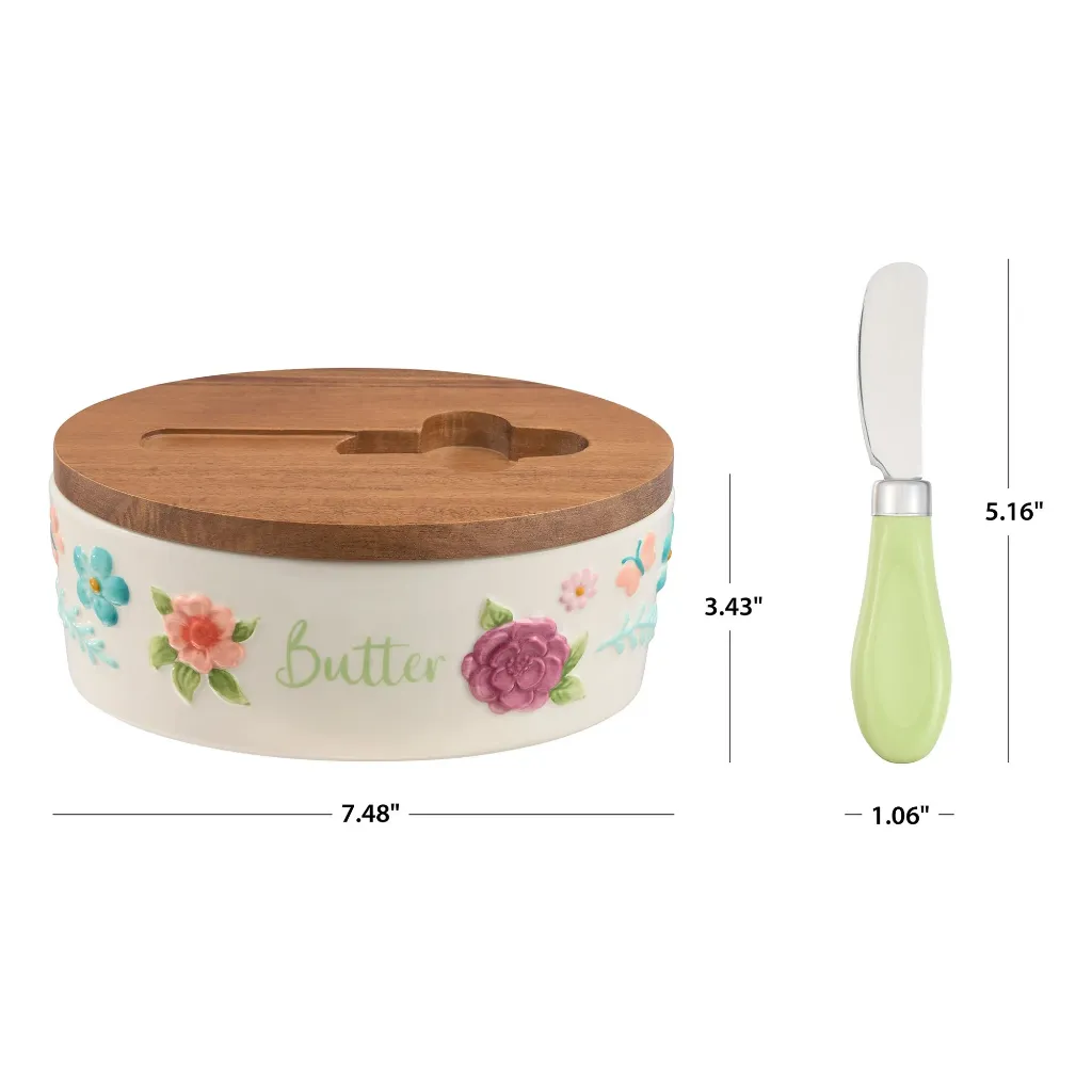The Pioneer Woman Painted Meadow Butter Dish with Acacia Wood Lid and Serving Knife 5.webp