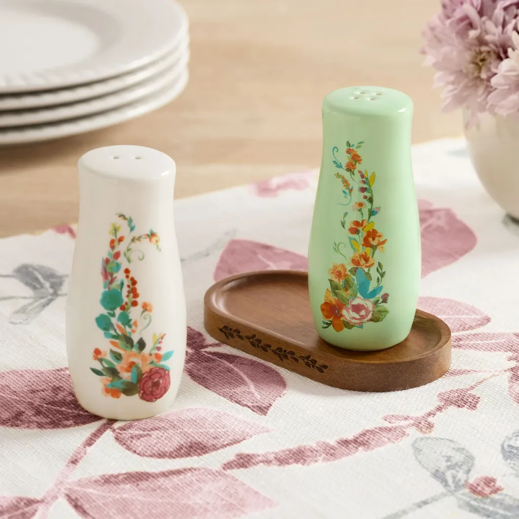 The Pioneer Woman Painted Meadow 3 Pieces Salt & Pepper Shakers with Acacia Wood Tray Set 2.webp