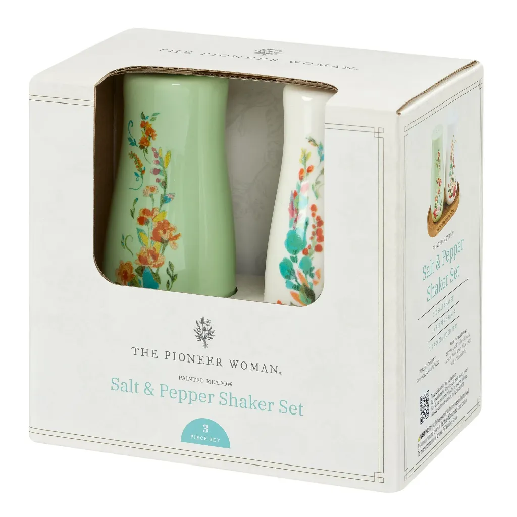 The Pioneer Woman Painted Meadow 3 Pieces Salt & Pepper Shakers with Acacia Wood Tray Set 3.webp