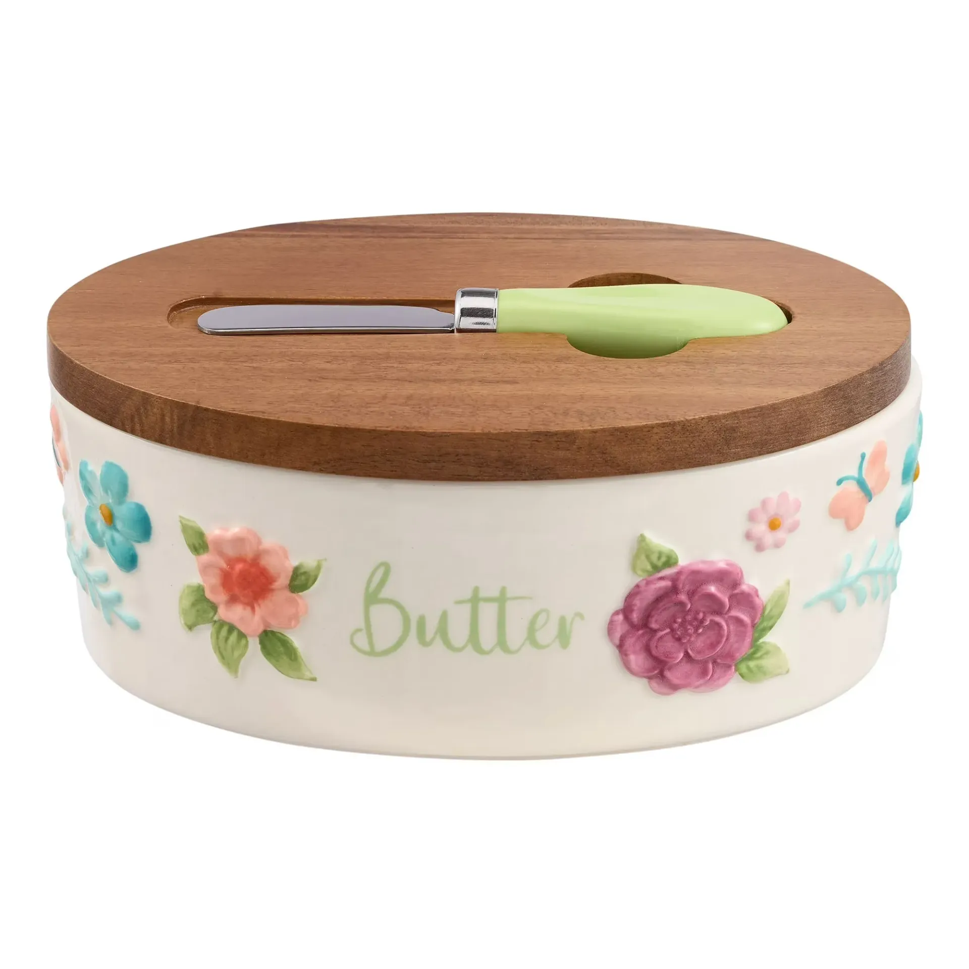 Pioneer Woman Butter Dish Set – Painted Meadow + Wood Lid + Knife