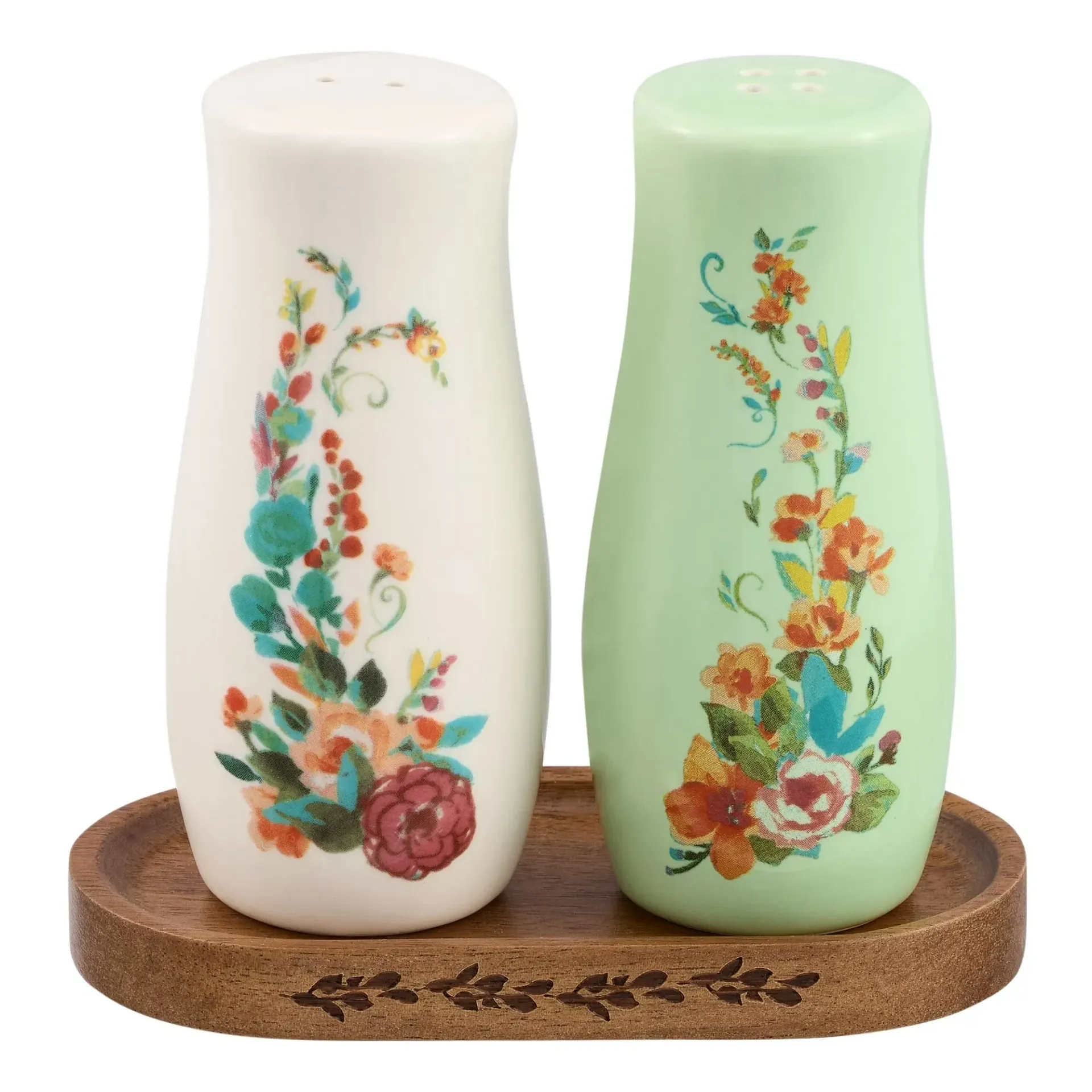 Pioneer Woman Painted Meadow Floral Salt & Pepper Shakers + Acacia Wood Tray Set
